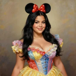 beautiful thirty year old woman with long black hair, tan skin, curvy hourglass figure, round cute face, slight resemblance to selena gomez and vanessa hudgens wearing a colorful frilly disney princess dress and mickey mouse ears. she has a friendly smile. beautiful painting by artgerm and greg rutkowski lois van baarle and bouguereau
