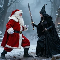 santa faces off against the witch king in battle wielding an elven blade made just for him