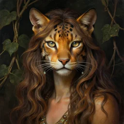 detailed portrait in femininity, shaman, feline, realistic face chiseled features, specular eyes, ethnic, statuesque model, natural skin, flowing ruffled hair, warm glow, subsurface scattering, jewel, chiaroscuro, organic impressionism, vine backdrop, deep rich color, digital illustration