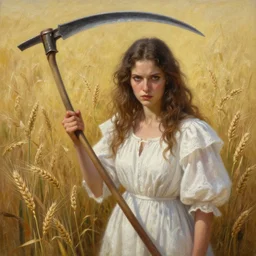 Hyper realistic detailed painting of a Paludnitsa!!! (in a lush wheat crop) holding a scythe. Perfect face, beautiful!!!, white dress, menacing!!, melancholic!!, dreamlike, highly detailed, sharp focus, digital painting, art by Eddie Mendoza, detailed and intricate environment, highly detailed, award winning art.