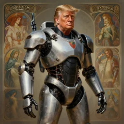 donald trump in a exoskeleton suit, highly detailed, digital painting, matte, sharp focus, art by wlop, greg rutkowski, alphonse mucha, frank frzetta, boris vallejo, bouguereau, beksinski, cinematic, octane render