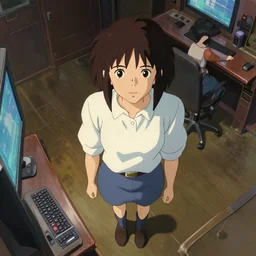 a film still overhead view a full body portrait of a 1 9 8 0's girl working at a movie theater, finely detailed features, full body mid shot, detailed smooth face, perfect art,, trending on pixiv fanbox, painted by gaston bussiere, makoto shinkai, akihiko yoshida, gaston bussiere, craig mullins, studio ghibli