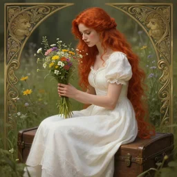 a beautiful red haired girl in white dress sitting on wooden trunk in a garden holding a bunch of wild flowers, deep focus, d & d, fantasy, intricate, elegant, highly detailed, digital painting, artstation, concept art, matte, sharp focus, illustration, hearthstone, art by artgerm and greg rutkowski and alphonse mucha