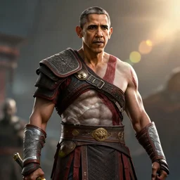barack obama!! as kratos in god of war, movie still, cinematic lighting, ray tracing, octane render, long lens, shallow depth of field, bokeh, anamorphic lens flare, 8 k, hyper detailed, 3 5 mm film grain