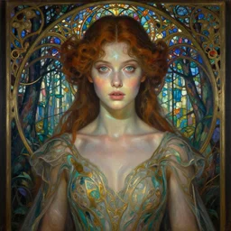 full view realistic ethereal woman with big eyes and a glowing face, photorealistic, wearing a beautiful dress by mandy jurgens and ruan jia, ornate art nouveau background by elisabeth sonrel, iconography stained glass forest background, mystical oil on linen, award winning, dramatic lighting, intricate details, realistic, full view, artstation, cg
