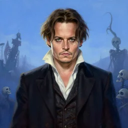 elegant mysterious solemn desperate male johnny depp as victor van dort from the movie the corpse bride, portrait, illustration, the land of the death, rim light, top light, summer clear blue sky, perfectly shaded, soft painting, art by krenz cushart and wenjun lin