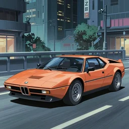 1975  BMW M1 Stratos, city in anime cyberpunk style by Hayao Miyazaki