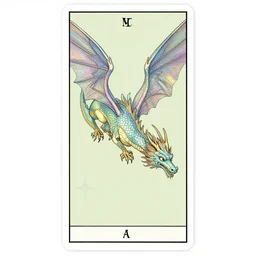 tarot card illustration of a beautiful iridescent flying dragon with expressive eyes and long tail, by artnouveau rackham gustavedore normanrockwell