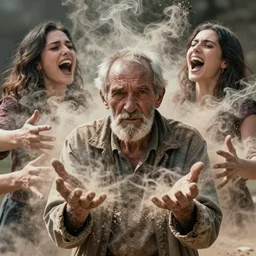 o hyper realistic photo of a weathered old man, feedback loop, burst of powders, volumetric lighting, twisting vapour, bellowing dust, emerging hands and beautiful woman's screaming face, full colour, upscale, 4 k