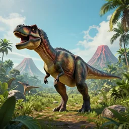 dinosaur in jurassic jungle, volcanoes, unreal 4 3 d