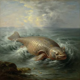 anomalocaris at tempestuous sea, cambrian fauna, paleoart, rembrandt baroque painting, dutch golden age painting, ludolf backhuysen sea painting, mysterious, ambient light, dramatic light, soft colours, oil on canvas