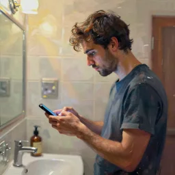 a beautiful picture by alpay efe and christian hook of a man looking at his phone in a bathroom, color bleeding, brushstrokes by jeremy mann