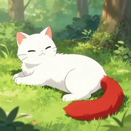 white cat with red tail like fox back laying at sunny forest, smooth, anime illustration, fantasy, quality