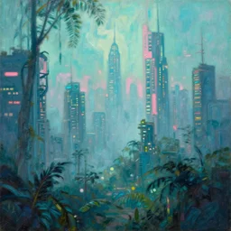 impressionist oil painting of a high - tech jungle city, volumetric light, foggy, moody, kodak, slow shutter speed, cyan and pink light