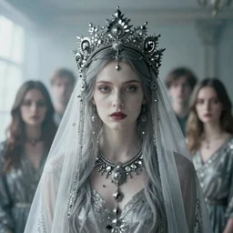 a stunning portrait of a beautiful ghostly woman wearing a veil and a fractal crown and necklace in a foggy room, by katsura masakazu, alessio albi, ilya kuvshinov, nina masic, soft focus, vertical portrait, natural lighting, f 2, 5 0 mm, classic chrome, film grain, cinematic lighting