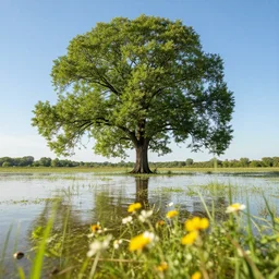 looking at the the great tree in the flooded plains, flowers close up in foreground, sunshine clear day, max rive, 4 k, instagram, landscape, hdr