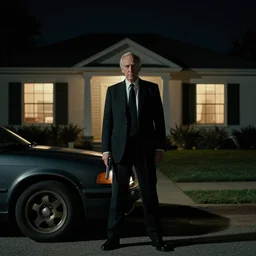 movie scene, hitman waiting outside a house in his car, night, silenced pistol, by emmanuel lubezki