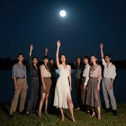 a group of fashion models standing in a night lake with their hands raised to the bright moon, photo realism