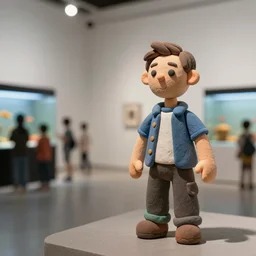 plasticine model of stop motion figures clay. minimal. tilt shift. fish tank in. gallery. visitors. photorealistic. small hole in wall