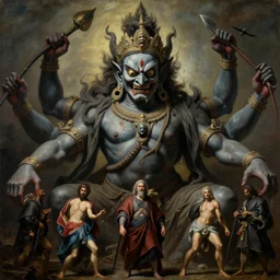 a beautiful cinematic masterpiece gothic headshot portrait of majestic colossal hindu demon god of death destruction and misery, by tim hildebrandt, by sandro botticelli, by caravaggio, by wayne barlowe, by bruce pennington, by greg rutkowski, oil on canvas, trending on artstation, featured on pixiv, brilliant lighting, sharp, hyper - detailed, cinematic composition, no frames, hd, 8 k