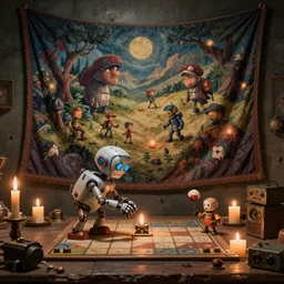 a beautiful tapestry of a dream, a small robot playing a game, ultra detailed, atmospheric, steampunk, moody, candles, characters from machinarium, by don bluth, trending on artstation, octane render, 8 k, ultra realistic