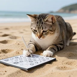 a cat solving sudoku at the beach, retired cat