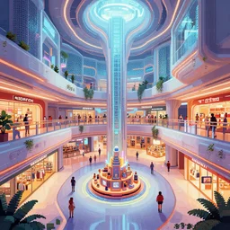 futuristic shopping mall, interior architecture view, beautiful detailed pixelart by albertov, intricate details, beautiful, dithered gradients, volumetric lighting, cgsociety, artstation, smooth, sharp focus, 2 d illustration, by greg rutkowski, amazing art by dan mumford