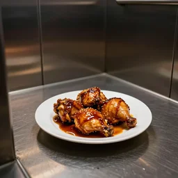 a plate of teryaki chicken has spilled on the elevator floor