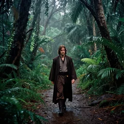 moody and dark, 35mm film still, wide shot, jedi exploring a rainy tropical forest with vibrant colors, by Alex grey