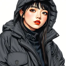 a copic maker realistic portrait of kpop idol girl by yoshiyuki sadamoto, alfons mucha wearing a dark puffy anorak by issey miyake and balenciaga streetwear utility tight leggins and yeezy sneakers chic, zippers, belts & velcro galore, cargo pants chic'techno fashion trend 8 k