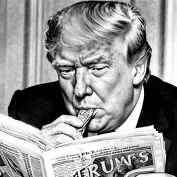 close - up portrait of donald trump eating newspapers, by robert crumb, black and white drawing, very intricate