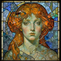 broken fragments of a portrait between stained glass shards, art nouveau painting of a brokenhearted visage.