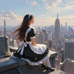 Lady in a maid dress with long hair, she is sitting on the roof of a skyscraper and looking at the horizon of a large city Fantasy and concept art, colorful digital painting, unreal engine.