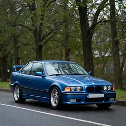 A modified blue BMW e36 parked in a road with trees, rainy season, Epic photography, taken with a Leica camera, 500 mm focal length, f/1.5 aperture, depth of field