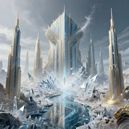 artdeco futuristic hyperdimensional elven city, desolate, ice shards, river:: by beeple and James Gilleard and Justin Gerard :: ornate, dynamic, particulate, intricate, elegant, highly detailed, centered, artstation, smooth, sharp focus, octane render, 3d