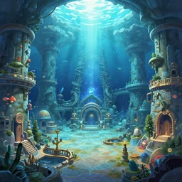 detailed interior of giant underwater marine theme park LeMU, Dritte Stock, Lemurian Ruins, anime key visual