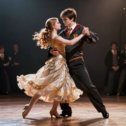 Katniss Everdeen and Harry Potter ballroom dancing, digital art by Greg Rutkowski, intricate, sharp focus, cinematic, artstation