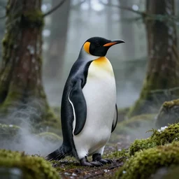forest penguin. penguin of the woods. high quality digital art. 4 k wallpaper. incredible quality. evocative. misty. steamy. mossy. snow. like a fairy tale. stunning image 8 k