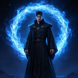 male mage, black robe, blue fire circle in the background, war, unreal engine, ray tracing, 8k, realistic, universe