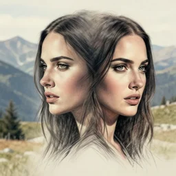 realism tattoo sketch of double exposure of the face of megan fox, on beautiful mountain scenery, in the style of andrey lukovnikov