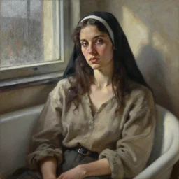 detailed portrait in comfortable femininity, ethnic, statuesque, relaxed realistic face, casual wear, cozy study bathed in morning light, chiaroscuro, radiosity, angular impressionism, contrasting highlights, calm neutral color scheme, rainy window dappled light, punk fashion, shaman, nun, contemporary fine art, deep rich hues, oil on canvas