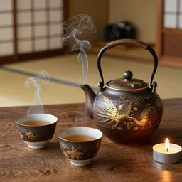 full view of an old traditional japanese ceramic teapot two smoky cup of tea on a wood table, candles smooth lighting, micro details, ( ( ( ( ( intricate ) ) gold details ) ) ), photorealism, canon camera, japanese house detailed background, by annie liebovitz