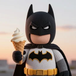 a knitted batman holding a delicious ice cream cone during sunset at the beach Trending on artstation, featured on Behance, well-rendered, Unreal Engine, 4K HD