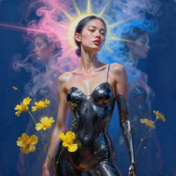 3 d, pink and blue smoke, sun rays, confident fashion model, sweat skin, liquid black metal, yellow flowers, poster art, high detail, intricate oil painting, multiple exposure, deep blue mood, hyperrealism, 3 d, by tooth wu and wlop and beeple and greg rutkowski