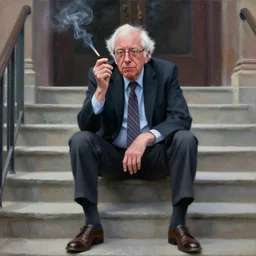 a coherent award - winning beautiful!!! portrait of a calm bernie sanders smoking, sitting on temple stairs, painted by zdzislaw beksinski