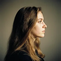 woman's profile with long hair in the style of Annie Leibovitz and Jan Lievens. 35mm photo.