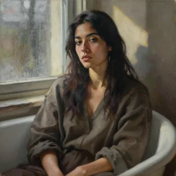 detailed portrait in comfortable femininity, ethnic, statuesque, relaxed realistic face, casual wear, cozy study bathed in morning light, chiaroscuro, radiosity, angular impressionism, contrasting highlights, calm neutral color scheme, rainy window dappled light, modern fashion, shaman, punk, contemporary fine art, deep rich hues, oil on canvas