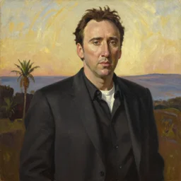 Nicolas Cage as an Android, oil on canvas, golden hour, artstation, by J. C. Leyendecker and Peter Paul Rubens,