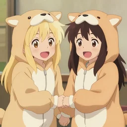 one blonde, one brown haired excited and happy anime girls in animal themed onesies holding hands looking at us, anime illustrated, digital art, cute, detailed faces, well drawn faces, cute faces, hand drawn, in the style of hidehiko sakamura and hayao miyazaki