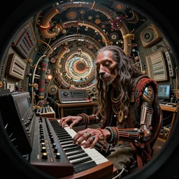 a fisheye lens photo of a post apocalyptic tribal cyborg snoop dogg tweaking and playing synthesizers in the most complicated and technical spiral fractal musical studio, powerful, cinematic, beautifully lit, by donato giancola, by artgerm, by karol bak, 3 d, perfect face and body, trending on artstation, octane render, 8 k